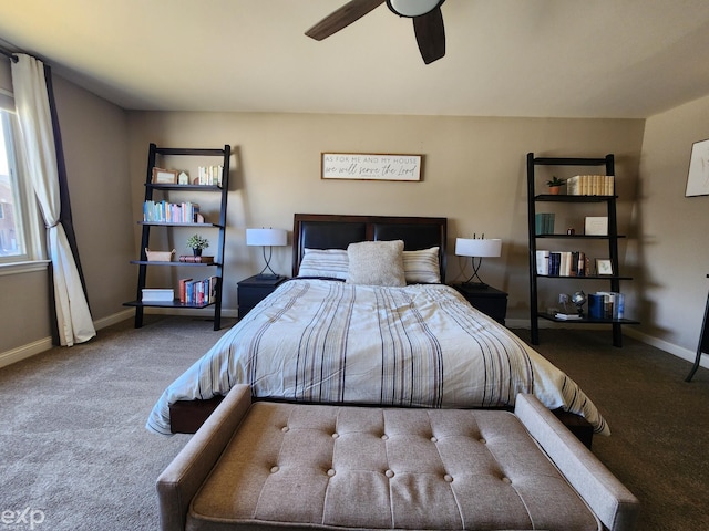carpeted bedroom with baseboards and ceiling fan
