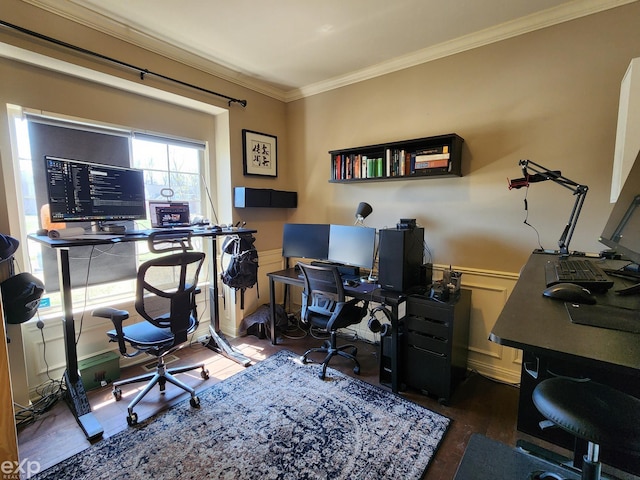 office with a wainscoted wall, wood finished floors, a decorative wall, and crown molding