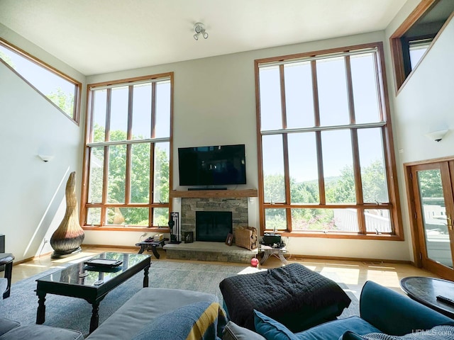 living room featuring wood finished floors, a stone fireplace, and a wealth of natural light