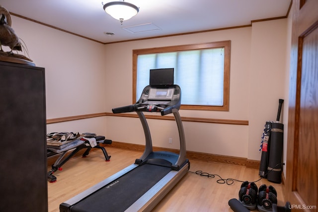 workout room featuring baseboards, ornamental molding, and wood finished floors