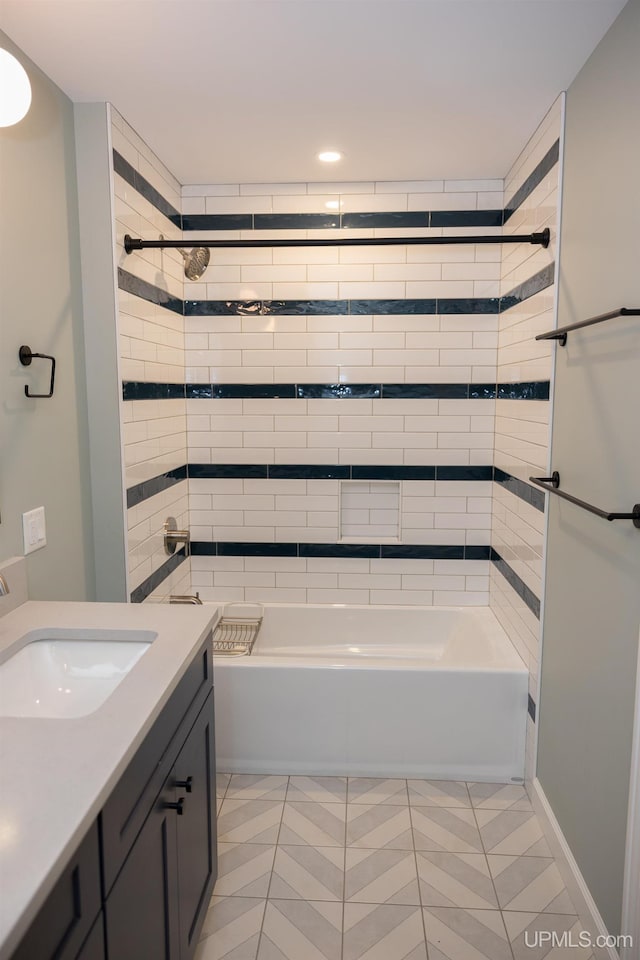 full bathroom with recessed lighting, shower / bathtub combination, tile patterned floors, and vanity