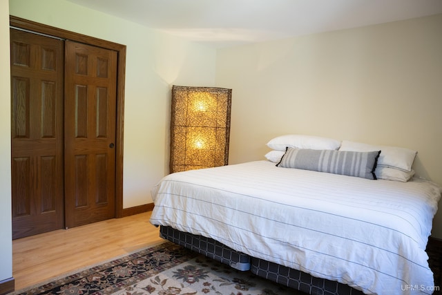 bedroom with light wood finished floors and a closet