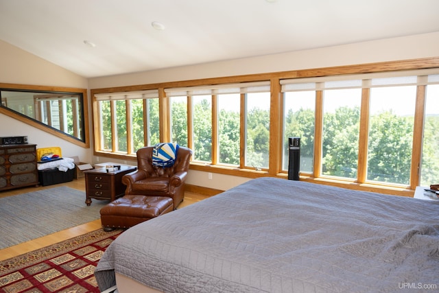 bedroom featuring lofted ceiling and wood finished floors