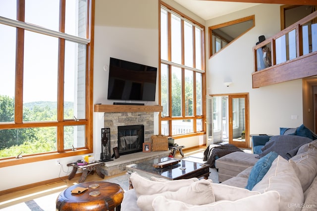 living area with baseboards, wood finished floors, a high ceiling, and a fireplace