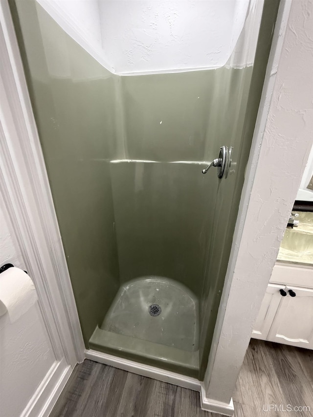 231 E Chocolay St, Munising, MI 49862 - full bath featuring wood finished floors and a stall shower