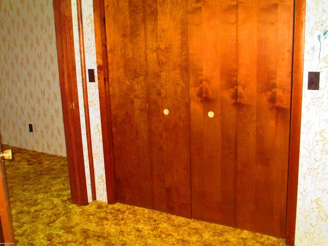 interior space with wallpapered walls and carpet flooring