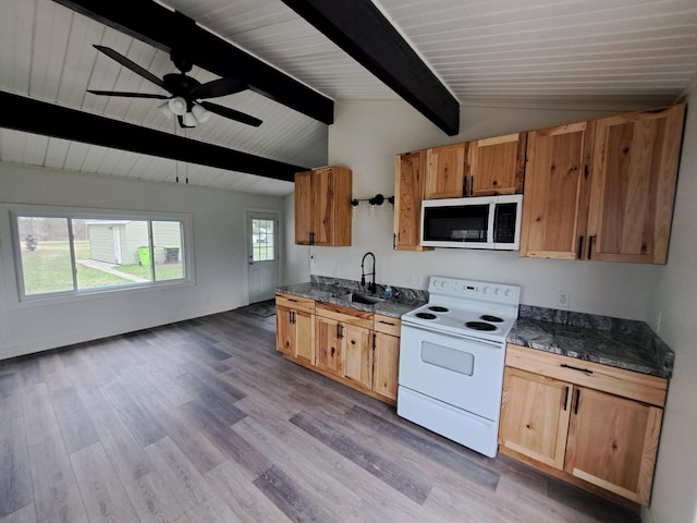 kitchen featuring lofted ceiling with beams, wood finished floors, a sink, and white electric range