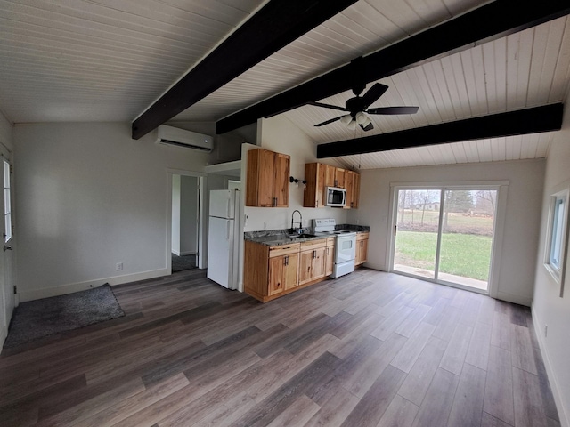 kitchen featuring lofted ceiling with beams, white appliances, dark wood finished floors, baseboards, and a wall unit AC