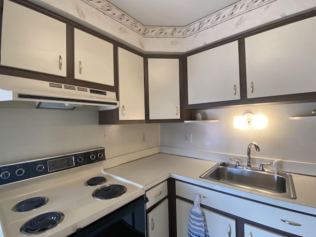 kitchen featuring under cabinet range hood, light countertops, a sink, electric range, and white cabinetry