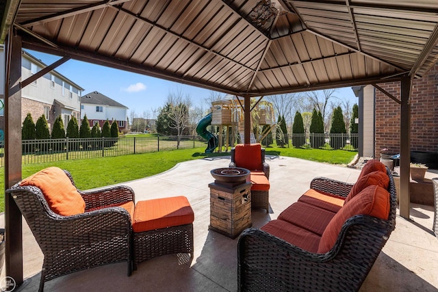view of patio / terrace featuring a gazebo and a fenced backyard