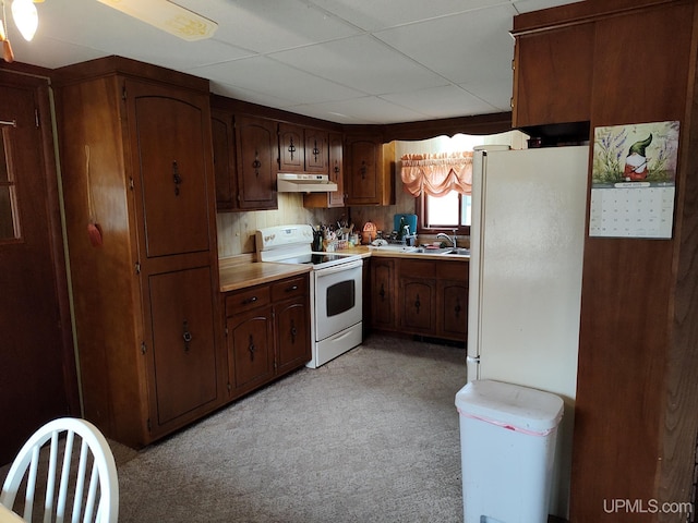 kitchen with a sink, white appliances, light countertops, light colored carpet, and under cabinet range hood