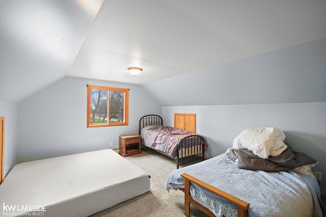 carpeted bedroom with lofted ceiling