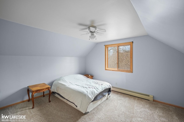carpeted bedroom featuring a baseboard heating unit, ceiling fan, vaulted ceiling, and baseboards