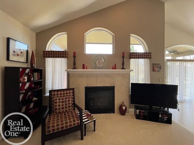 sitting room with carpet, lofted ceiling, and a fireplace