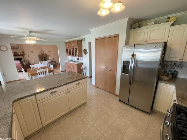 kitchen with stove, ceiling fan, crown molding, light floors, and stainless steel refrigerator with ice dispenser