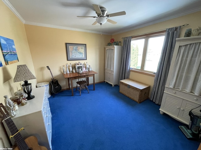 office featuring ceiling fan, carpet floors, and crown molding