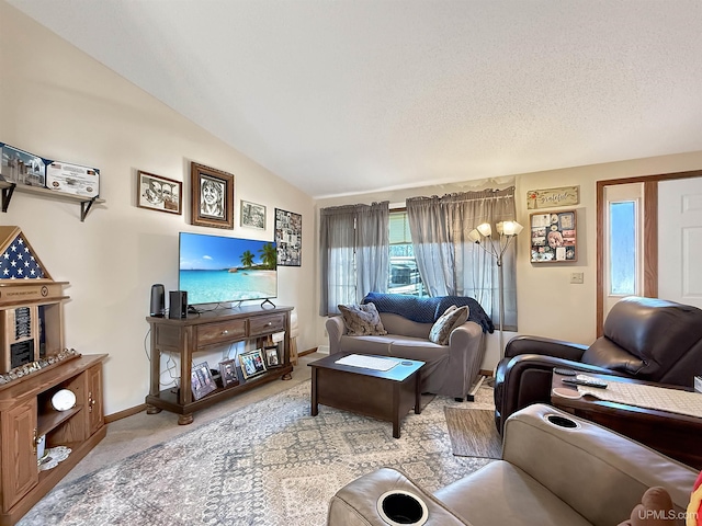 2709 W 6th Ave, Gladstone, MI 49837 - living area featuring lofted ceiling, baseboards, and light carpet