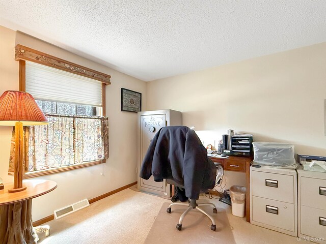 2709 W 6th Ave, Gladstone, MI 49837 - office with baseboards, visible vents, a textured ceiling, and light colored carpet