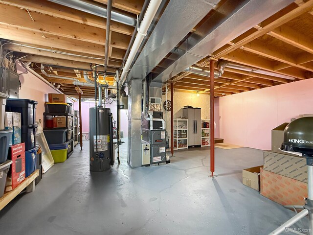 2709 W 6th Ave, Gladstone, MI 49837 - unfinished below grade area with heating unit, visible vents, and gas water heater