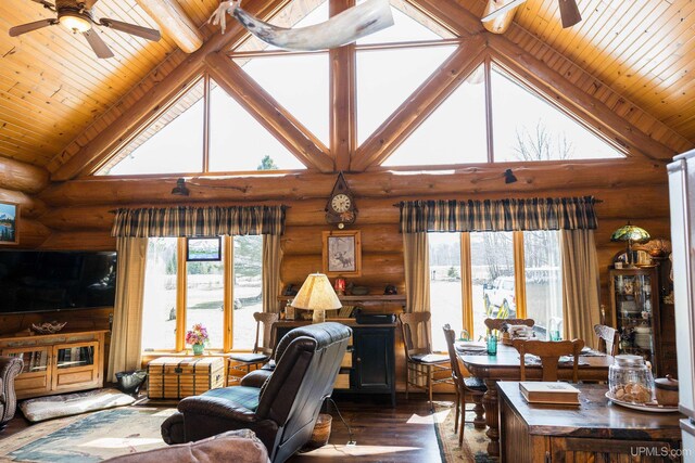 living room with wood finished floors, a ceiling fan, high vaulted ceiling, and log walls