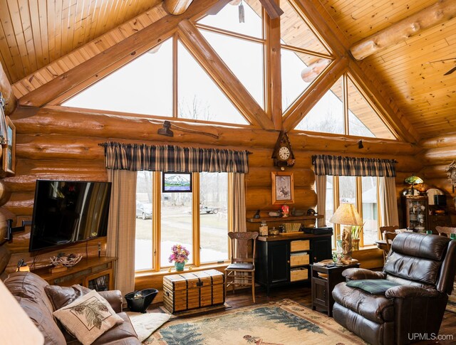 living room featuring wood finished floors, beamed ceiling, wood ceiling, log walls, and high vaulted ceiling