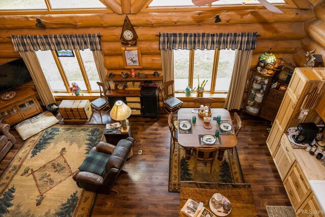 living area featuring rustic walls, a healthy amount of sunlight, and dark wood-style floors