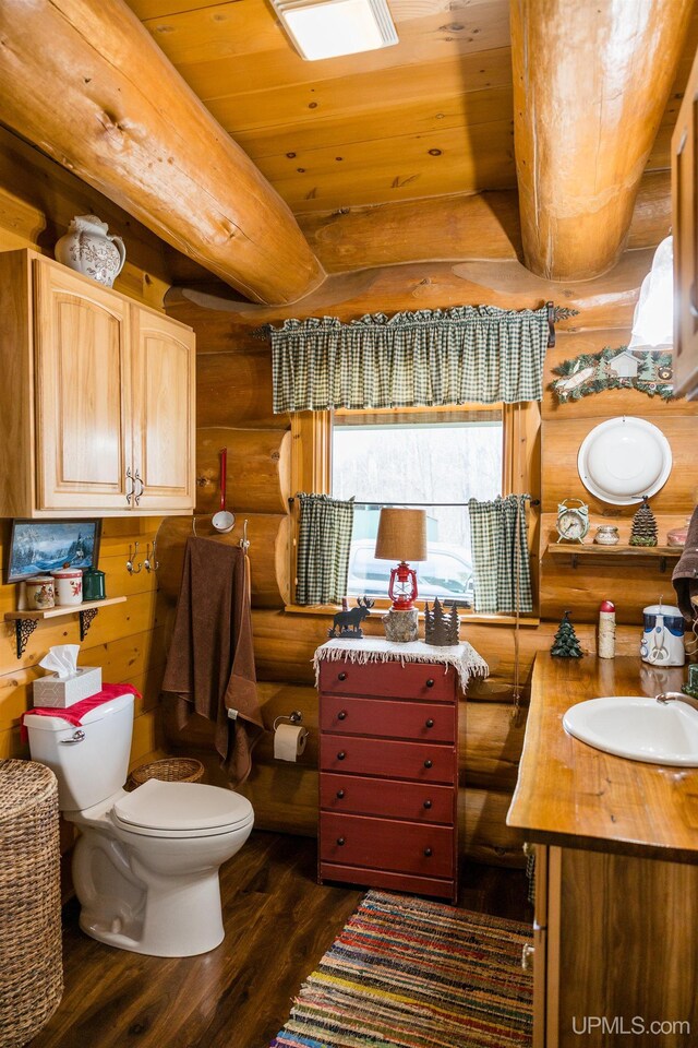 bathroom with wood finished floors, vanity, wood ceiling, toilet, and log walls