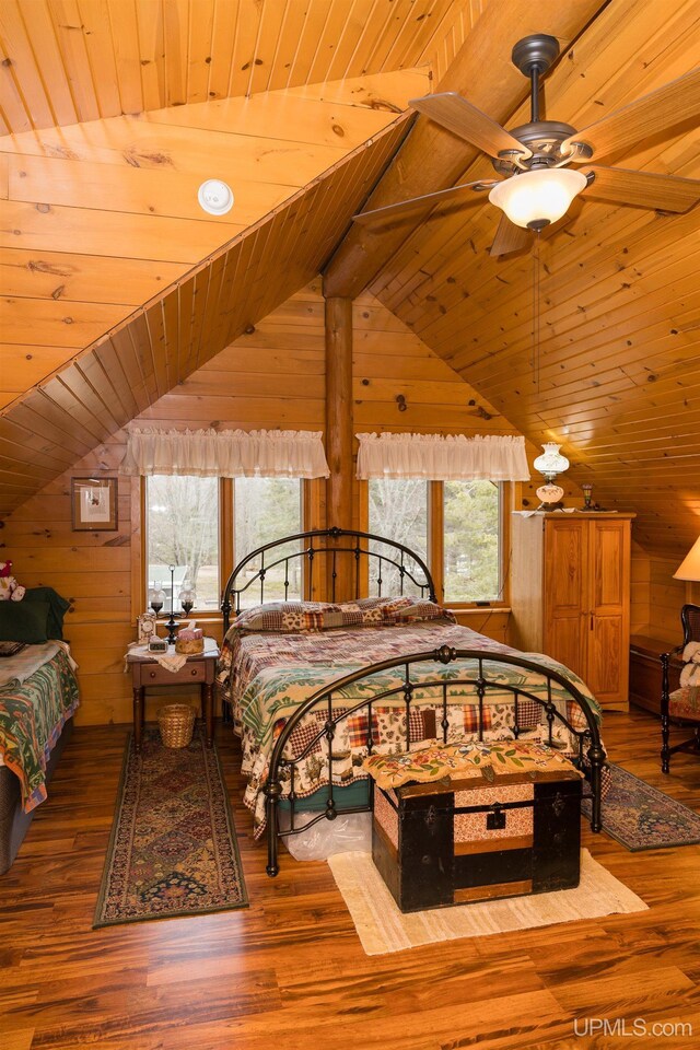 bedroom featuring wood ceiling, vaulted ceiling with beams, and wooden walls