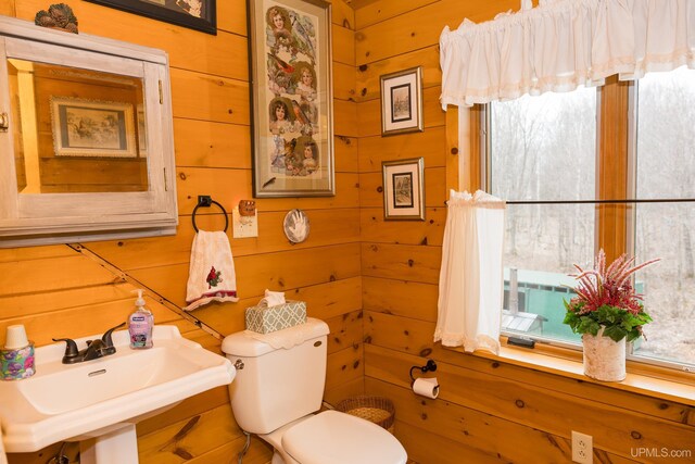 bathroom with toilet, a sink, and wooden walls