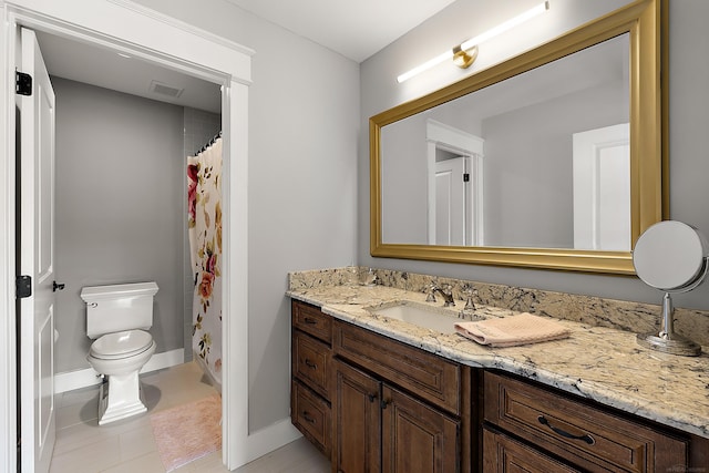 full bathroom featuring toilet, visible vents, baseboards, tile patterned flooring, and vanity