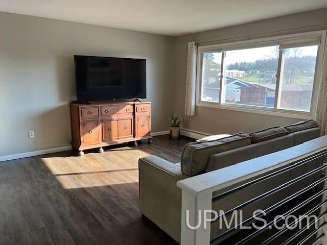 living room with a baseboard radiator, baseboards, and dark wood-type flooring