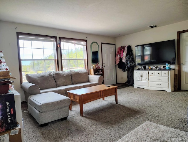 carpeted living room featuring visible vents and a wealth of natural light