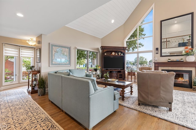living area featuring high vaulted ceiling, wood finished floors, and a healthy amount of sunlight
