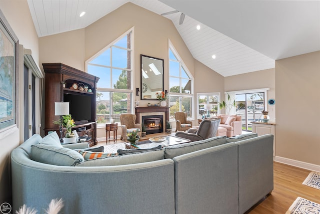 living area with a glass covered fireplace, light wood-style floors, plenty of natural light, and baseboards