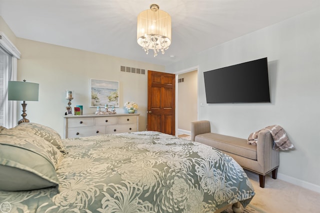 bedroom with an inviting chandelier, visible vents, carpet flooring, and baseboards