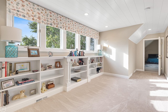 rec room featuring baseboards, visible vents, light colored carpet, and recessed lighting
