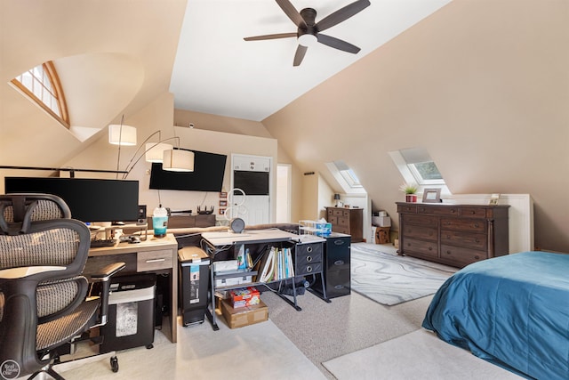 carpeted bedroom with lofted ceiling with skylight