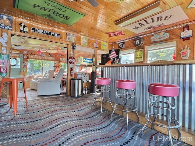 interior space featuring wooden walls, wooden ceiling, and carpet flooring