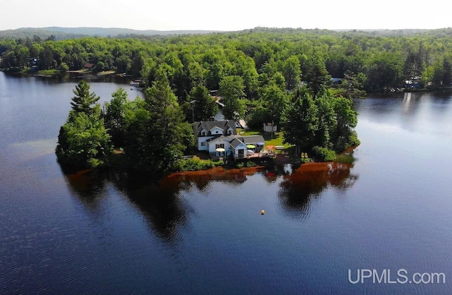 drone / aerial view with a wooded view and a water view