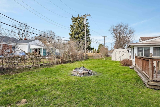 view of yard with a storage shed, an outdoor fire pit, an outdoor structure, and a fenced backyard