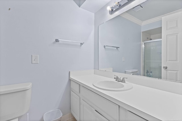 17769 Edloytom Way Unit 253, Clinton Township, MI 48038 - bathroom featuring toilet, a stall shower, vanity, and ornamental molding