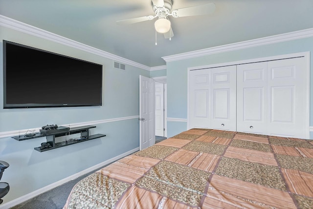 17769 Edloytom Way Unit 253, Clinton Township, MI 48038 - bedroom featuring crown molding, a closet, ceiling fan, and baseboards