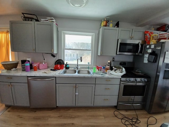 kitchen featuring gray cabinetry, stainless steel appliances, light wood finished floors, and a sink