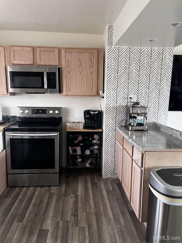 kitchen with dark wood finished floors, light brown cabinets, and appliances with stainless steel finishes