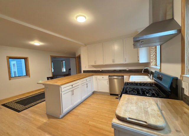 4358 Lakeshore Rd, Lexington, MI 48450 - kitchen featuring stainless steel appliances, wall chimney range hood, wooden counters, a sink, and a peninsula