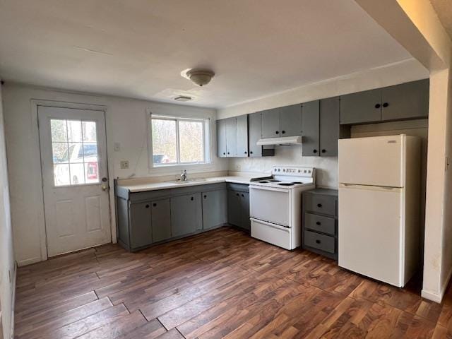 4110 N Clare Ave, Harrison, MI 48625 - kitchen featuring dark wood-style flooring, gray cabinetry, a sink, under cabinet range hood, and white appliances