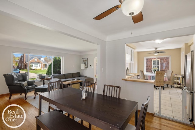 dining room with baseboards, a ceiling fan, and light wood-style floors