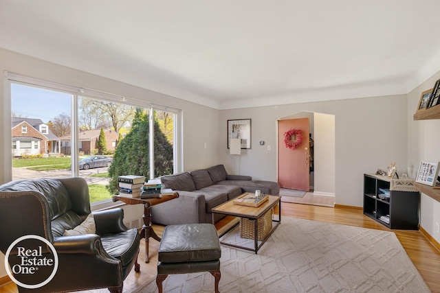 living area featuring baseboards and light wood finished floors