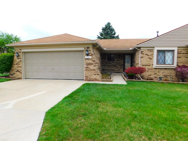 ranch-style house with a front lawn, driveway, a garage, and brick siding