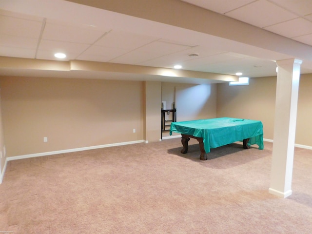 rec room featuring billiards, carpet, and a drop ceiling